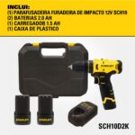 PARAFUSADEIRA FURADEIRA IMPACTO 3/8" 10MM 12V ION LI C/ BAT C/ CARREG SCH10D2K (STANLEY) - Imagem 2