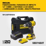 PARAFUSADEIRA / FURADEIRA DE IMPACTO 1/2" (13MM) ION DE LITIO 20V MAX* BRUSHLESS + BATERIAS + CARREGADOR + MALETA PROSTACK SBD716D2T (STANLEY) - Imagem 3