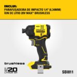PARAFUSADEIRA DE IMPACTO 1/4" (6,34MM) ION DE LITIO 20V MAX* BRUSHLESS S/BAT S/CAR (STANLEY) - Imagem 4