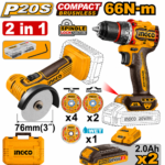 COMBO PARAFUSADEIRA + MINI ESMERILHADEIRA BL 3" A BATERIA 20V (INGCO) CKLI20766-9