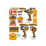COMBO PARAFUSADEIRA + CHAVE DE IMPACTO + LANTERNA BL 3/4" A BATERIA 20V (INGCO) COSLI250882-9