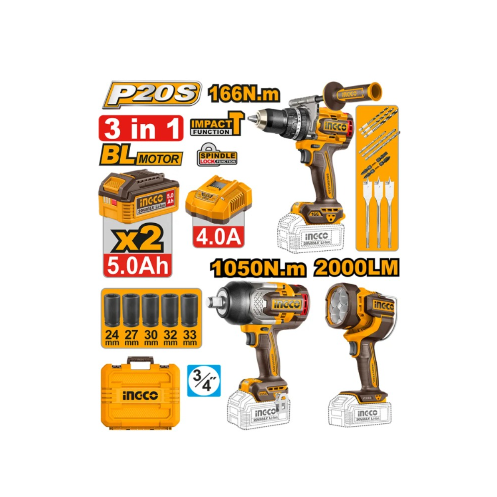 INGCO_COSLI250882-9_1000x1000_02 COMBO PARAFUSADEIRA + CHAVE DE IMPACTO + LANTERNA BL 3/4" A BATERIA 20V (INGCO) COSLI250882-9 - Imagem 1